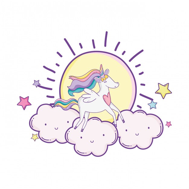 Vector unicorn on clouds cute cartoons