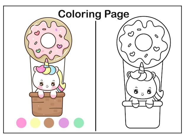 Vector unicorn coloring on donut balloon worksheet