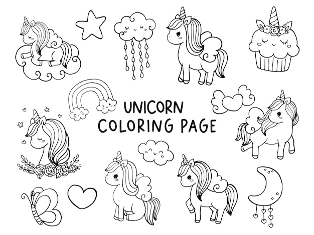 Illustrazione della pagina da colorare di unicorno