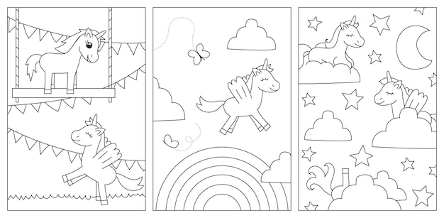 Unicorn coloring pages vector illustration