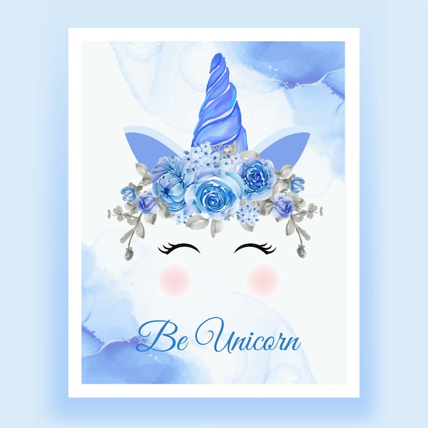 Unicorno corona acquerello fiore blu