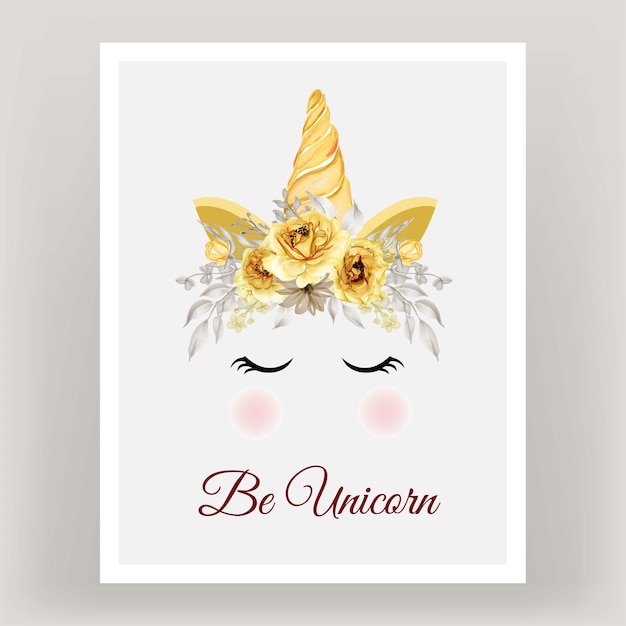 unicorn crown watercolor flower rose gold Yellow.