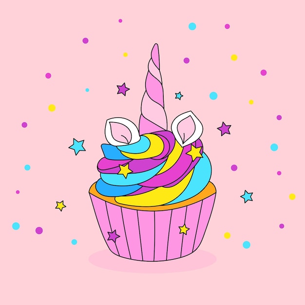 Unicorn cupcake-ontwerp Gelukkige verjaardagskaart voor een kind Feestelijk meisjesbannerontwerp Vectorillustratie