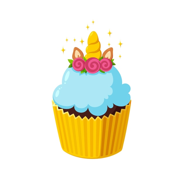 Unicorn cupcake with light blue icing Fairy cake in paper cup Tasty dessert with horn