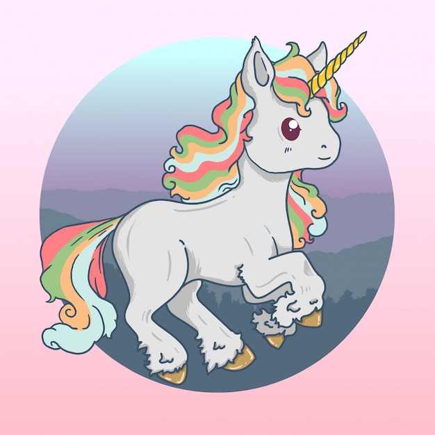 Arcobaleno di colore pieno di vettore sveglio del fumetto di unicorno