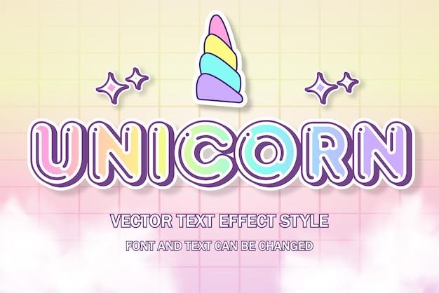 Unicorn cute kawaii kids pastel holograph 3d editable text effect font style template banner poster