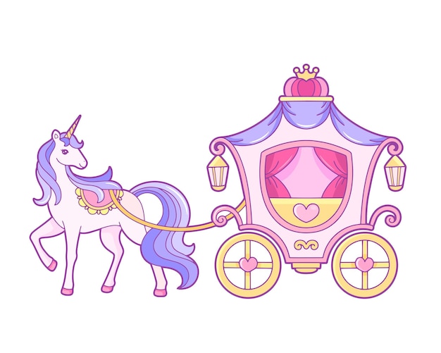 Unicorno che guida una carrozza per l'illustrazione della principessa