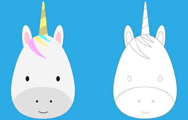 Unicorn face cartoon character Cute outline unicorn animal face coloring book for kids Vector icon