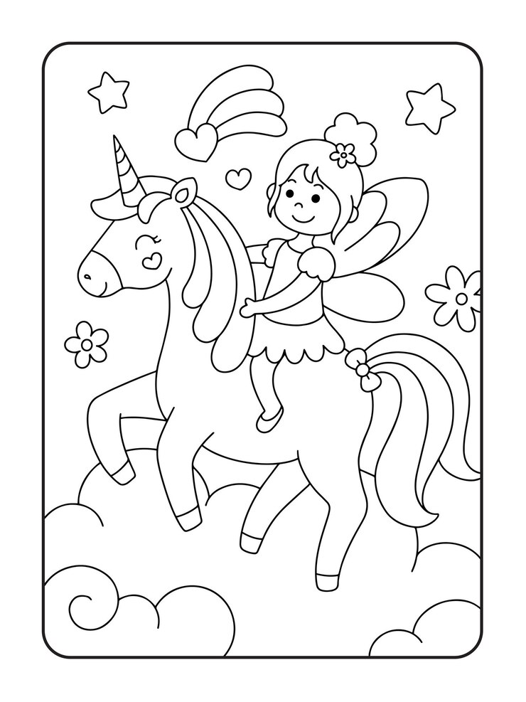 Vector unicorn and fairy coloring page illustration
