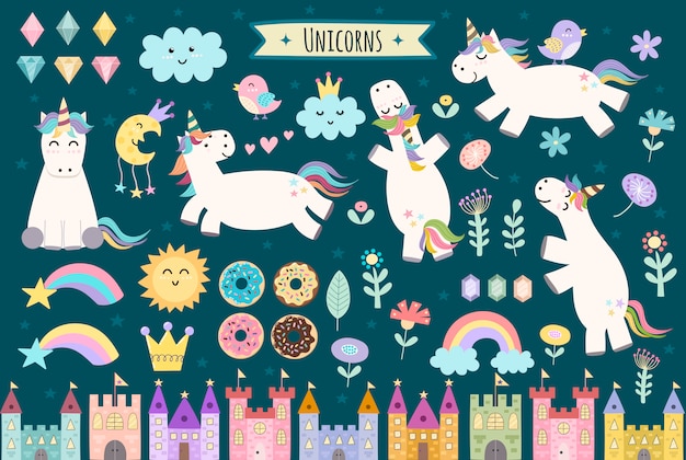 Unicorn and fairytale isolated elements for your design. Castles, rainbow, crystals, clouds and flowers. Cute clipart collection. 