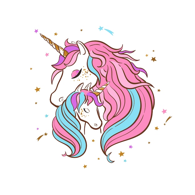 Unicorn familie hand getekende illustratie. moeder en kind eenhoorns