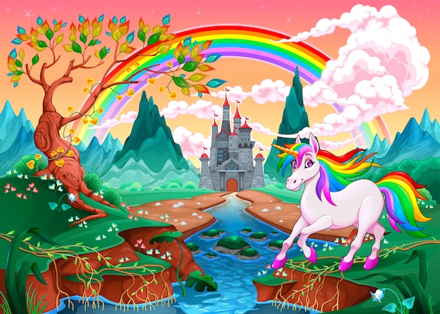 Unicorno in un paesaggio di fantasia con arcobaleno e castello