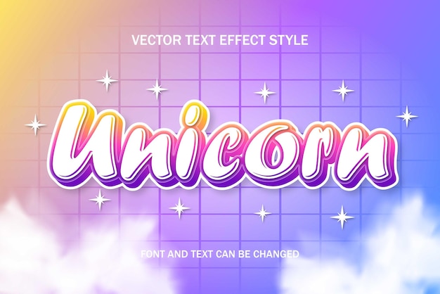 Unicorno fantasy pony tipografia di carattere modello di effetto di testo modificabile design di banner in stile kawaii carino