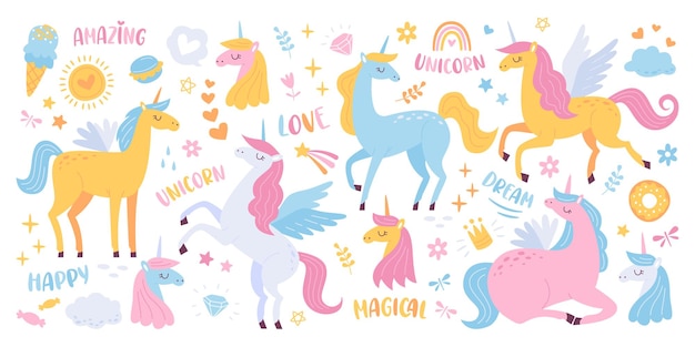 Unicorn flat illustrations set mythological and magical creature pegasus and unicorn winged horse with single horn on head fairytale animal design elements