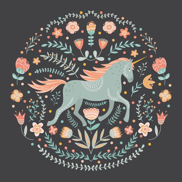 Illustrazione di unicorno e motivi floreali in stile folk art