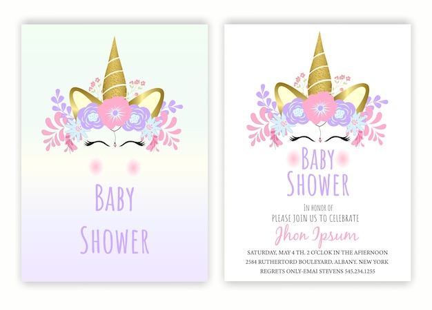 Vettore baby shower unicorno con decorazioni floreali.