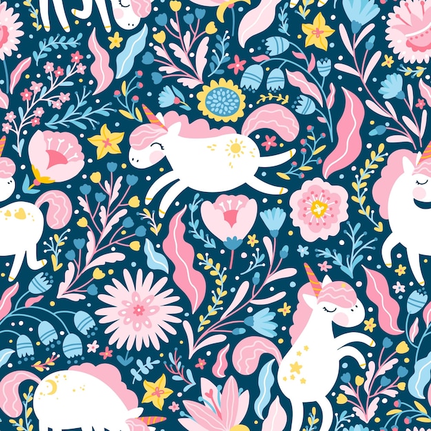 Unicorn in a flower fairy forest seamless pattern