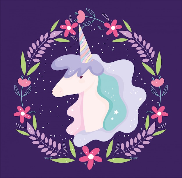 Vector unicorn flowers wreath fantasy magic cute cartoon