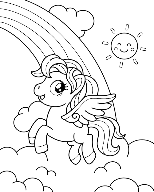 Vector unicorn flying on a cloud with a rainbow coloring page illustration