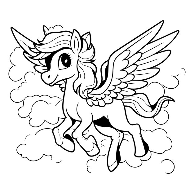 Unicorn flying in the clouds Black and white vector illustration