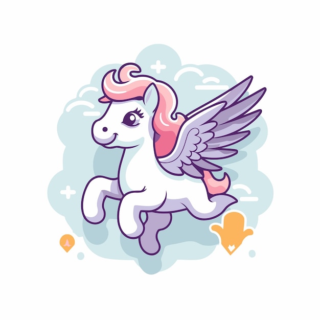 Unicorn flying in the clouds Cute cartoon vector illustration