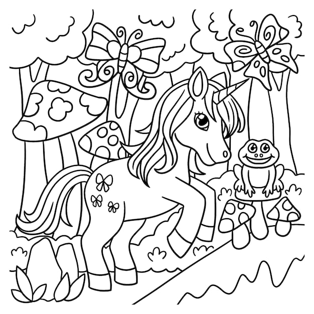 Unicorn in a forest coloring page for kids