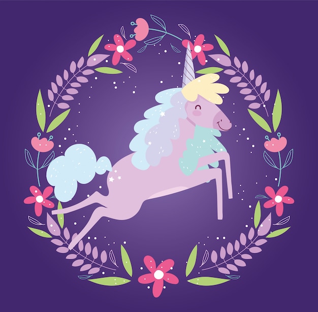 Vector unicorn frame flowers fantasy magic cute cartoon