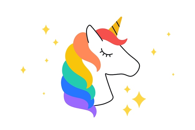 Unicorno. adesivo divertente. divertente adesivo colorato - testa di unicorno con arcobaleno magico e corno, stelle. adesivi, spille, distintivi dei cartoni animati.