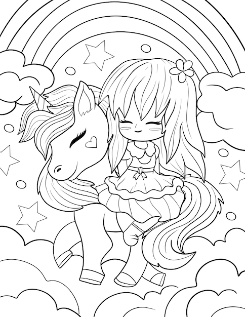 A unicorn and a girl on a rainbow background.