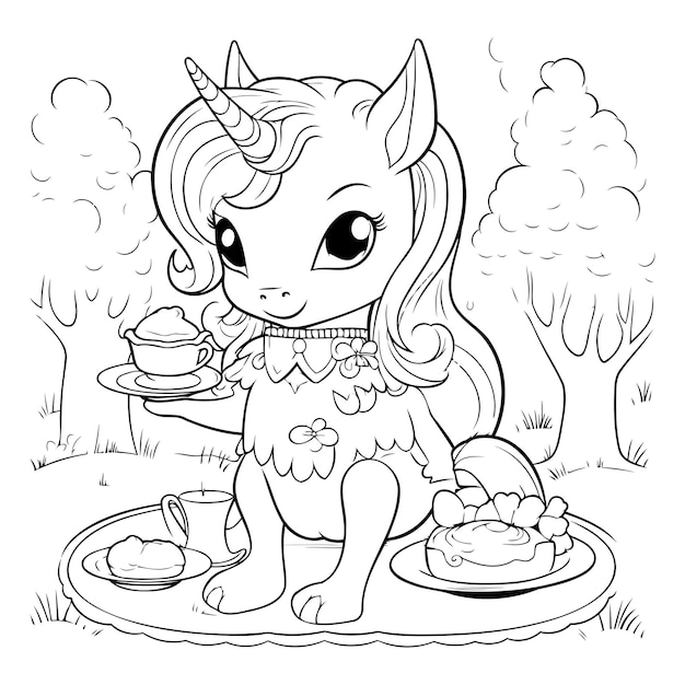 Vector unicorn girl with cup of tea vector illustration for coloring book