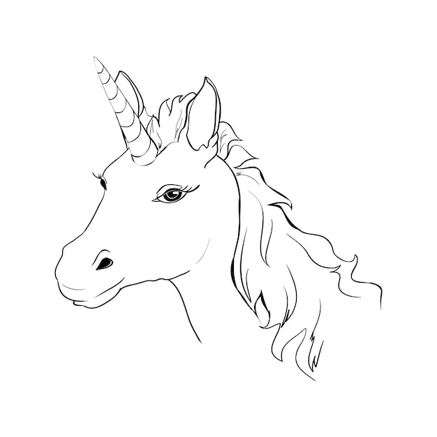 Unicorno, illustrazione di lino vettoriale disegnata a mano per logotype