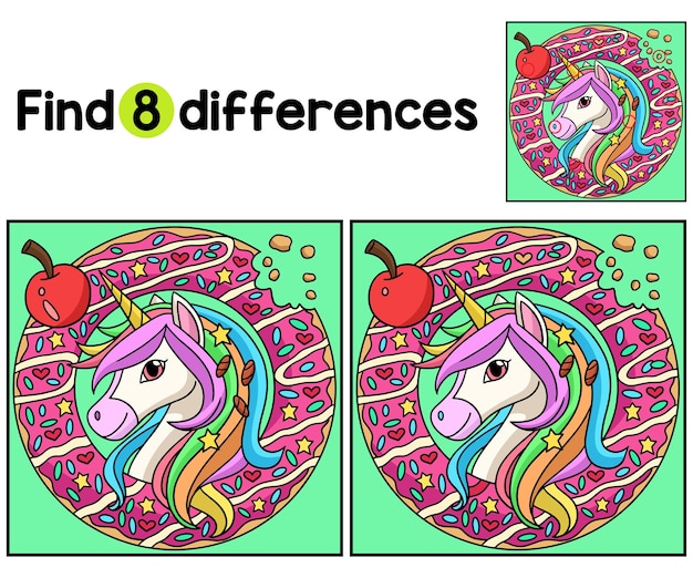 Testa di unicorno su ciambella trova le differenze