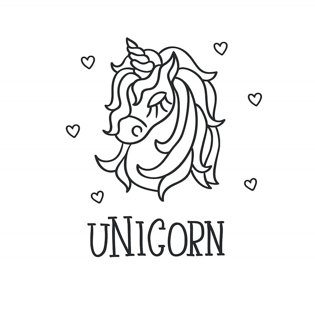 Unicorn head and hearts sketch icon