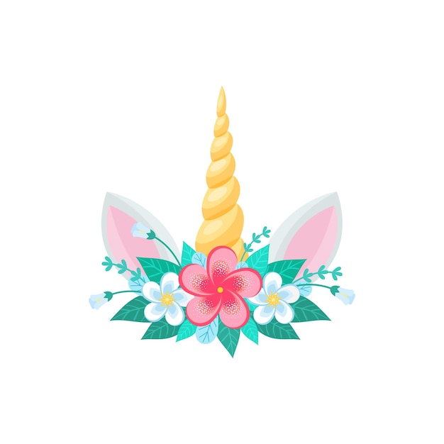 Premium Vector  Unicorn head with ears horn and flowers isolated flat  cartoon icon vector golden unique horn girls hair decoration element cute  magic baby horse animal with blooming floral bouquet on