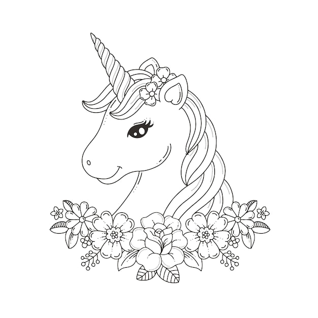 Unicorn head with flowers wreath coloring page