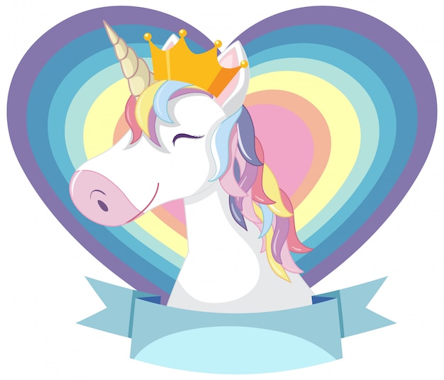 Unicorn head with rainbow mane and horn on white background