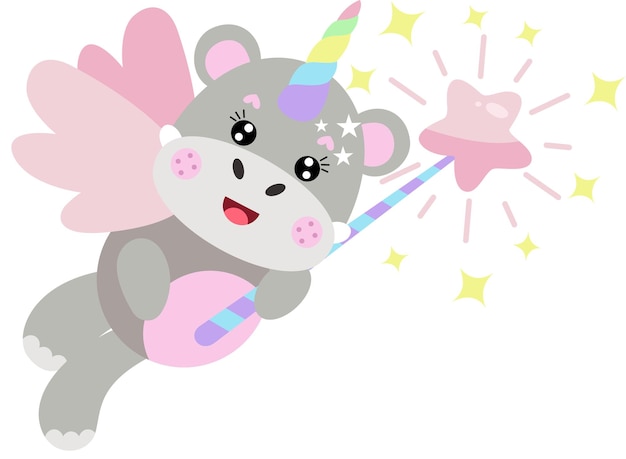 Unicorn hippo with wings holding a star magic wand