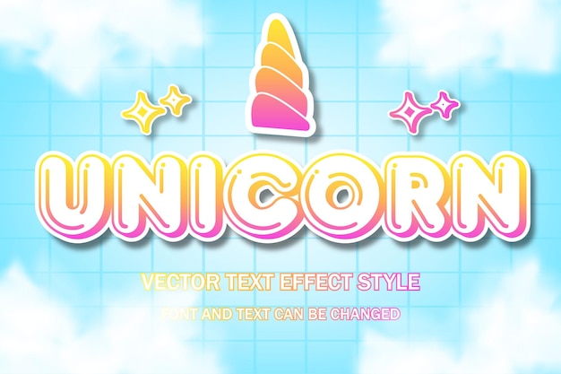 Unicorn horn cute kawaii kids typography lettering 3d editable text effect font style template