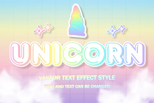 Unicorn horn cute kawaii pastel holograph 3d editable text effect font style template banner