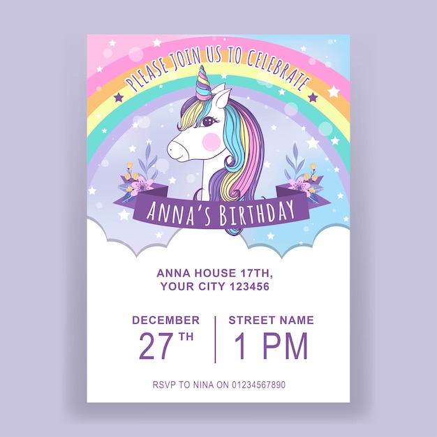 Vettore modello dell'invito di compleanno dell'illustrazione dell'unicorno