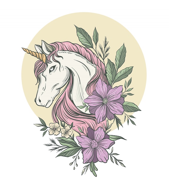 Illustrazione di unicorno con fiori in colore sonf per stampe t-shirt