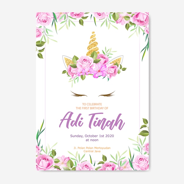 Vector unicorn invitation card with floral wreath and gold glitter