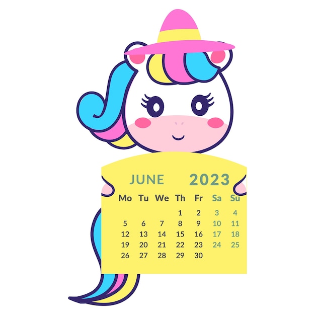 Vector the unicorn is holding a calendar for the month of june 2023