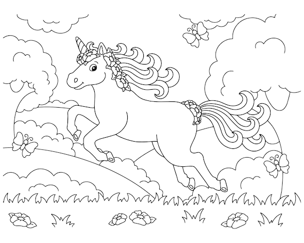 The unicorn jumps across the clearing. Coloring book page for kids.