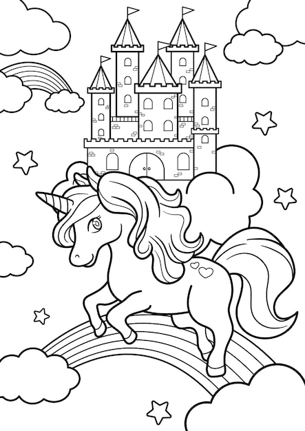 Vector unicorn kasteel hemel kleurpagina illustratie.