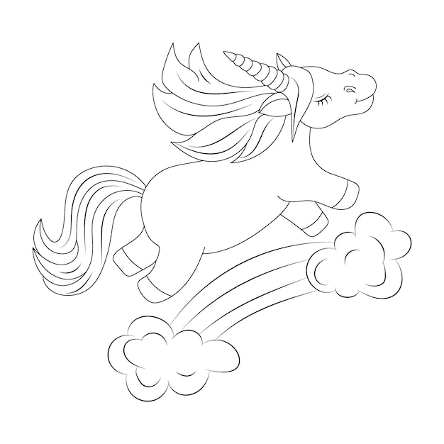 Unicorn kids coloring page vector blank printable design for children to fill in Free Vector