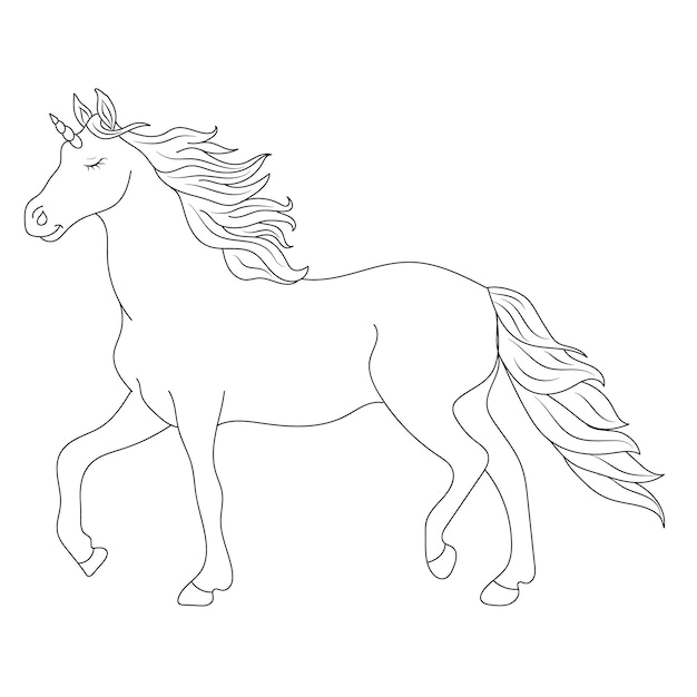 Unicorn kids coloring page vector blank printable design for children to fill in Free Vector