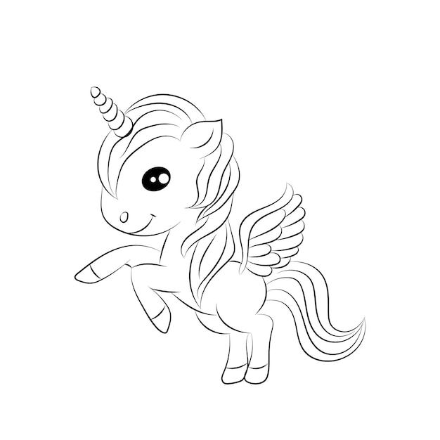 Unicorn kids coloring page vector blank printable design for children to fill in Free Vector