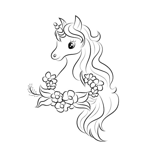 Unicorn kids coloring page vector blank printable design for children to fill in free vector