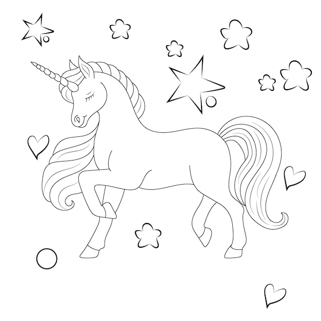 Unicorn kids coloring page vector blank printable design for children to fill in Free Vector